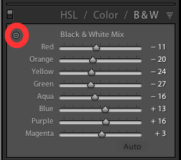 HSL / Color / B&W panel with Target Adjustment Tool highlighted